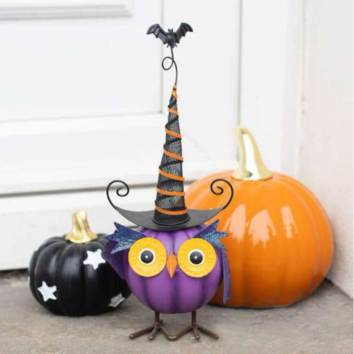 Halloween Purple Metal Owl Decoration with Witch Hat