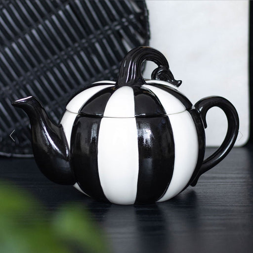 Black and White Striped Pumpkin Teapot - Halloween