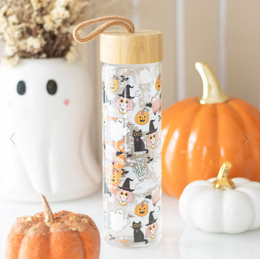 Halloween Groovy Ghost Print Glass Water Bottle