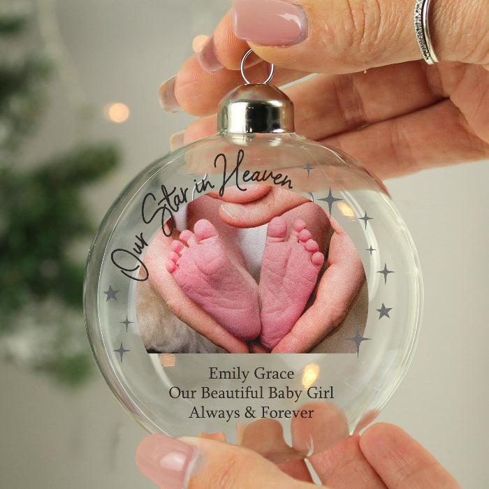 Personalised Our Star In Heaven Photo Upload Memorial Glass Bauble