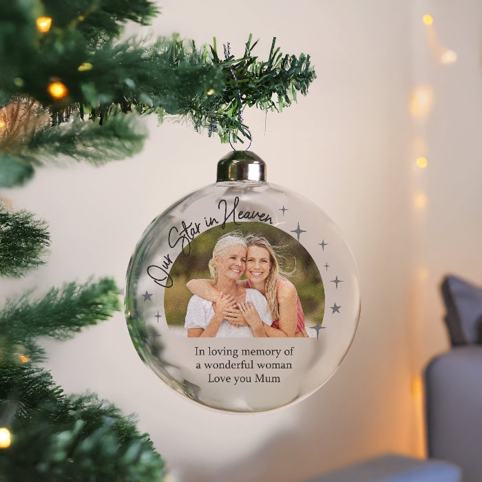 Personalised Our Star In Heaven Photo Upload Memorial Glass Bauble