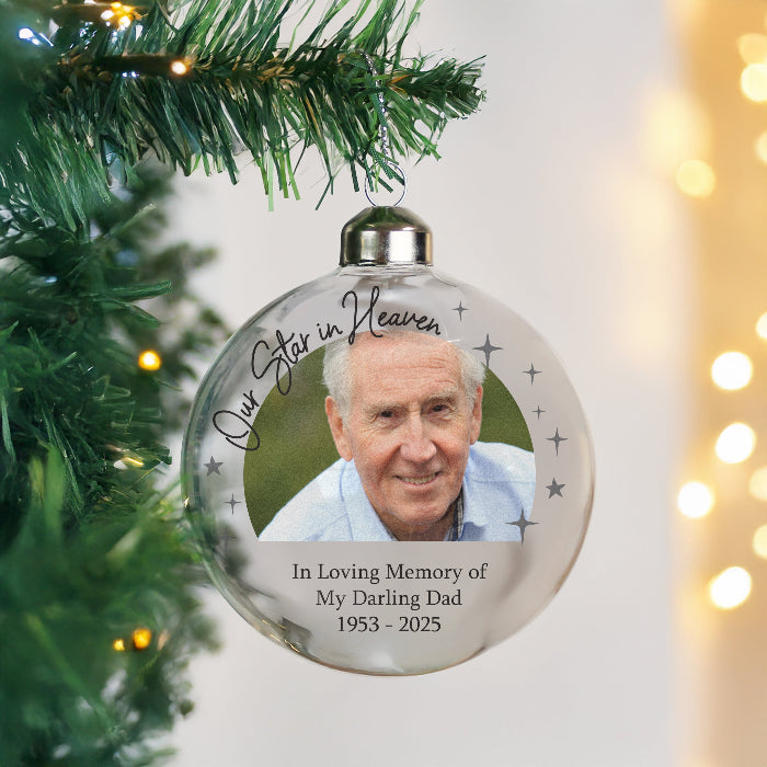 Personalised Our Star In Heaven Photo Upload Memorial Glass Bauble