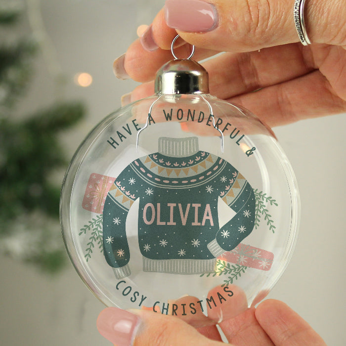 Personalised Cosy Jumper Christmas Glass Bauble