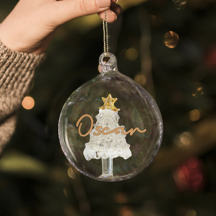 Personalised Gold Glitter Name Only Christmas Tree Glass Bauble