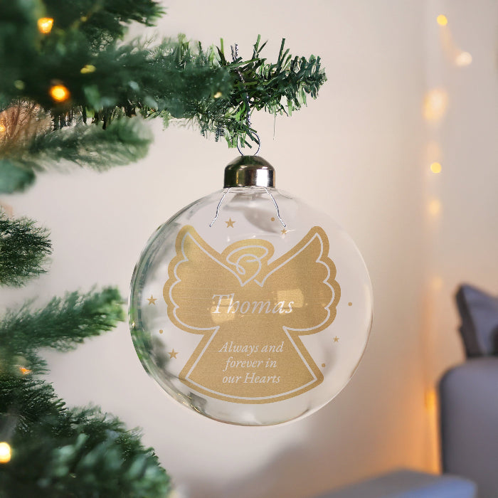 Personalised Gold Angel Christmas Memorial Glass Bauble
