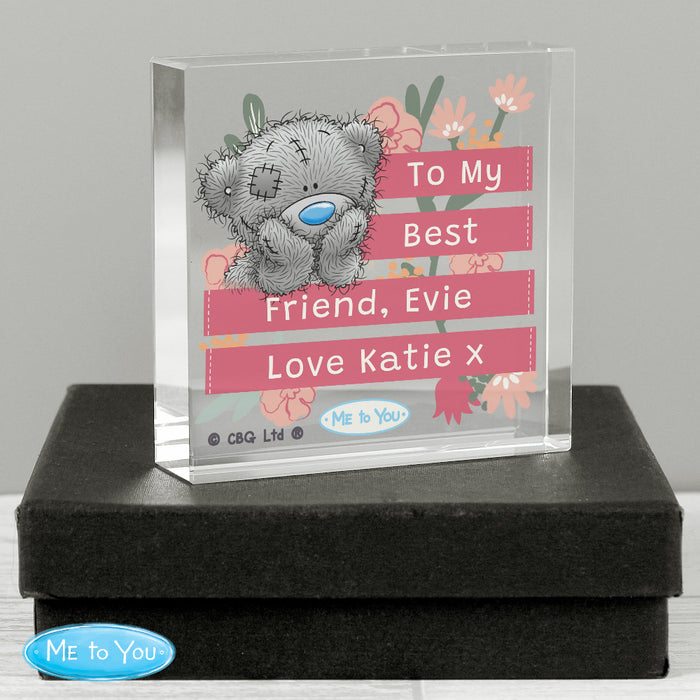 Personalised Me To You Floral Crystal Glass Block