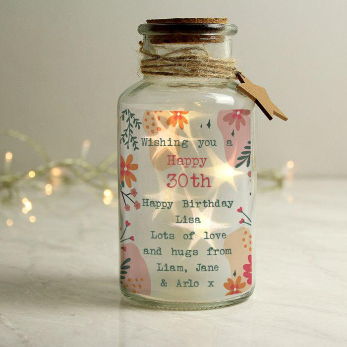 Personalised 30th Birthday Floral LED Glass Jar - Any Text