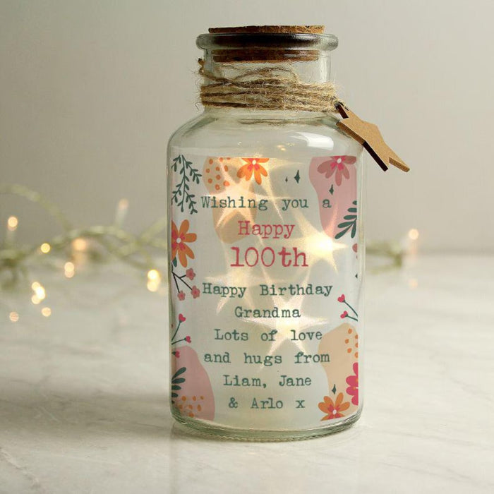 Personalised 100th Birthday Floral LED Glass Jar - Any Text