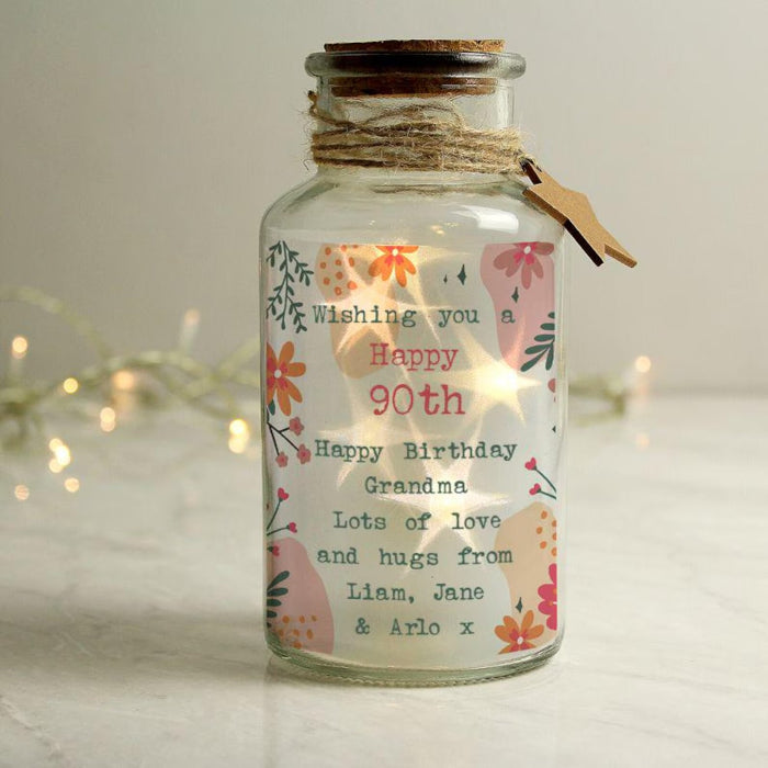 Personalised 90th Birthday Floral LED Glass Jar - Any Text