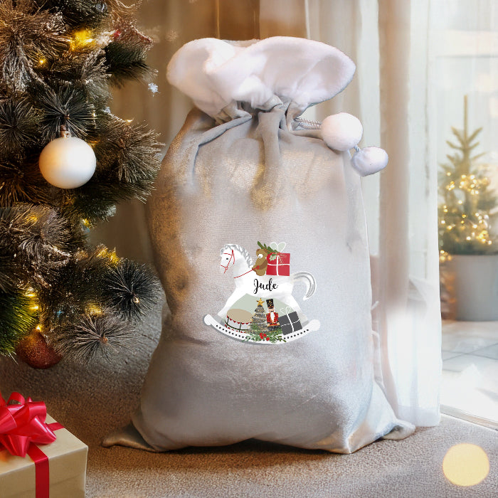 Personalised Luxury Silver Grey Pom Pom Christmas Sack - Rocking Horse