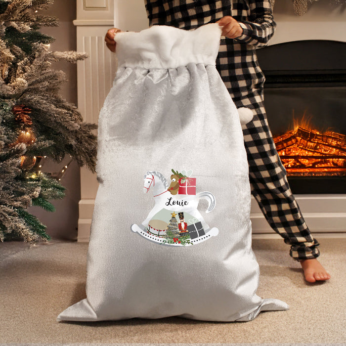 Personalised Luxury Silver Grey Pom Pom Christmas Sack - Rocking Horse