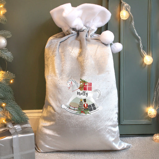 Personalised Luxury Silver Grey Pom Pom Christmas Sack - Rocking Horse