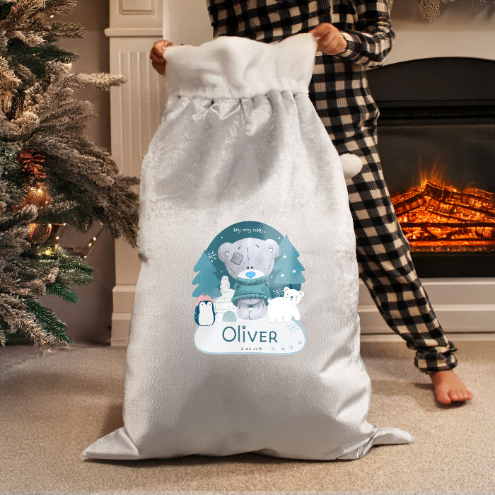 Personalised Winter Explorer Tiny Tatty Teddy Luxury Silver Grey Christmas Sack