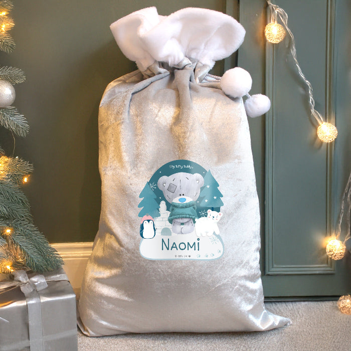 Personalised Winter Explorer Tiny Tatty Teddy Luxury Silver Grey Christmas Sack