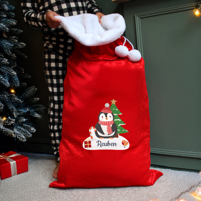 Personalised Penguin Luxury Red Christmas Sack