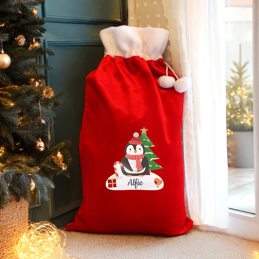 Personalised Penguin Luxury Red Christmas Sack