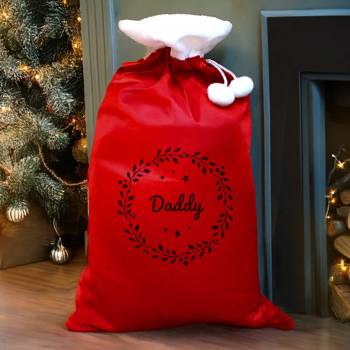 Personalised Holly Wreath Red Luxury Christmas Sack