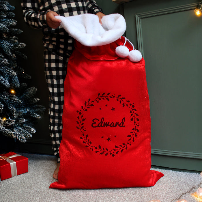 Personalised Holly Wreath Red Luxury Christmas Sack