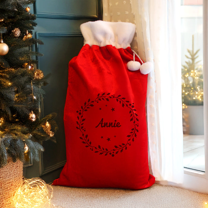 Personalised Holly Wreath Red Luxury Christmas Sack