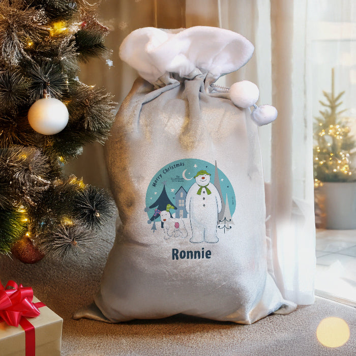 Personalised Silver Grey Christmas Sack - The Snowman & the Snowdog