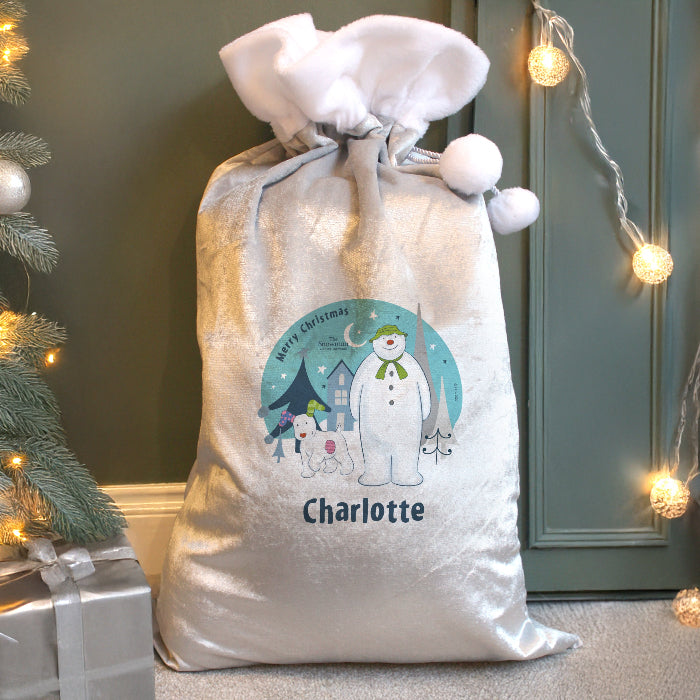 Personalised Silver Grey Christmas Sack - The Snowman & the Snowdog