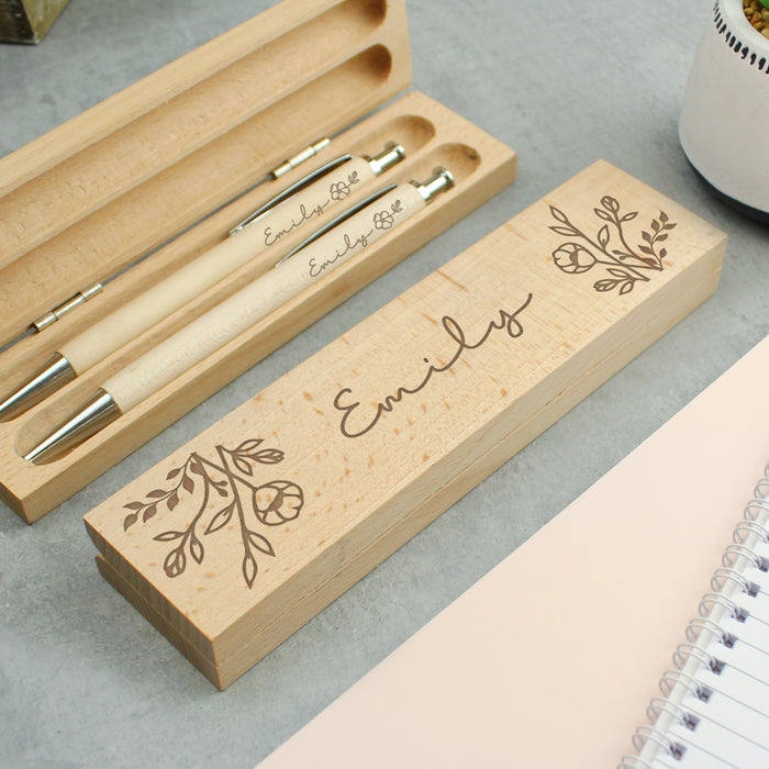 Personalised Floral Wooden Pen and Pencil Box Gift Set