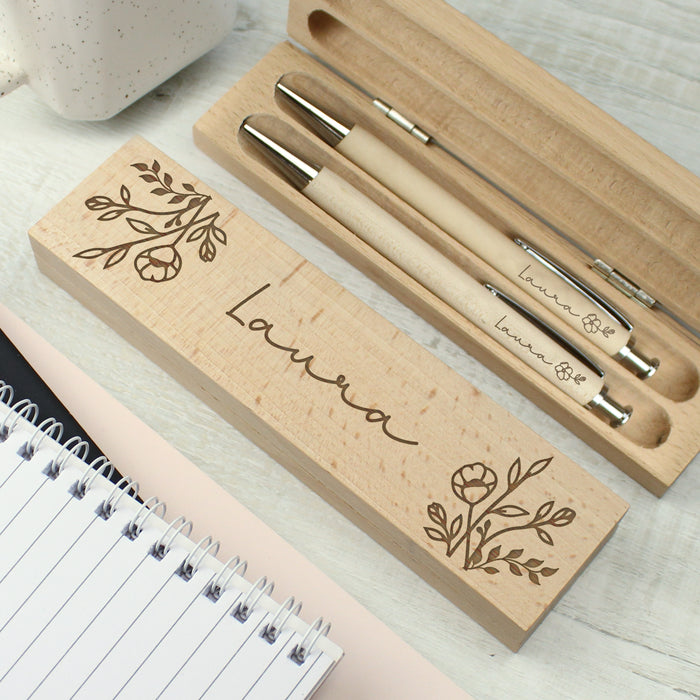 Personalised Floral Wooden Pen and Pencil Box Gift Set
