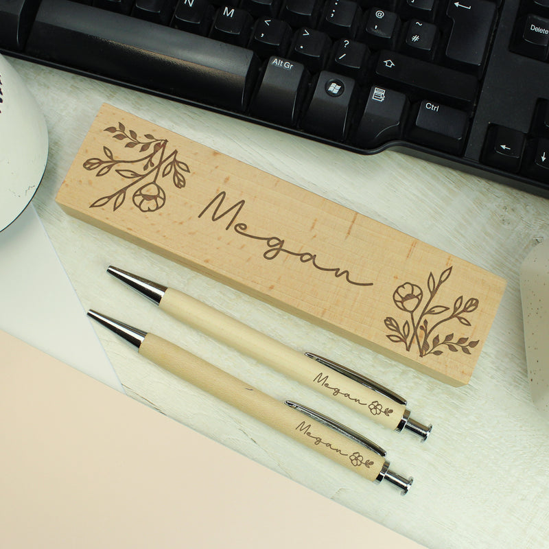 Personalised Floral Wooden Pen and Pencil Box Gift Set