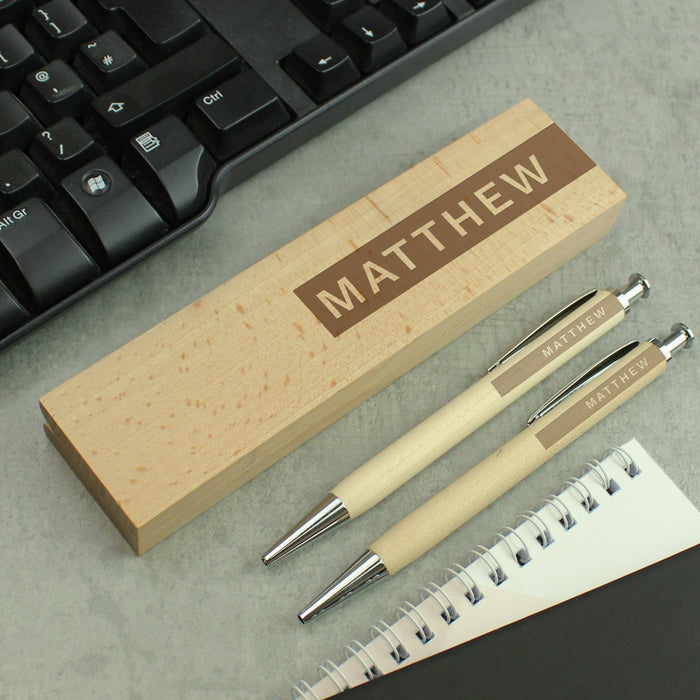 Personalised Name Only Wooden Pen and Pencil Box Gift Set