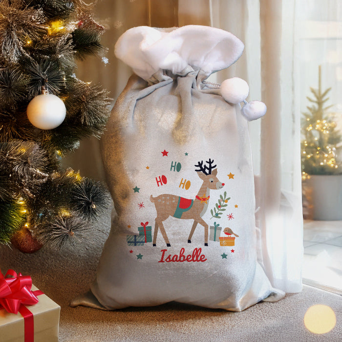 Personalised Silver Luxury Christmas Sack - Reindeer