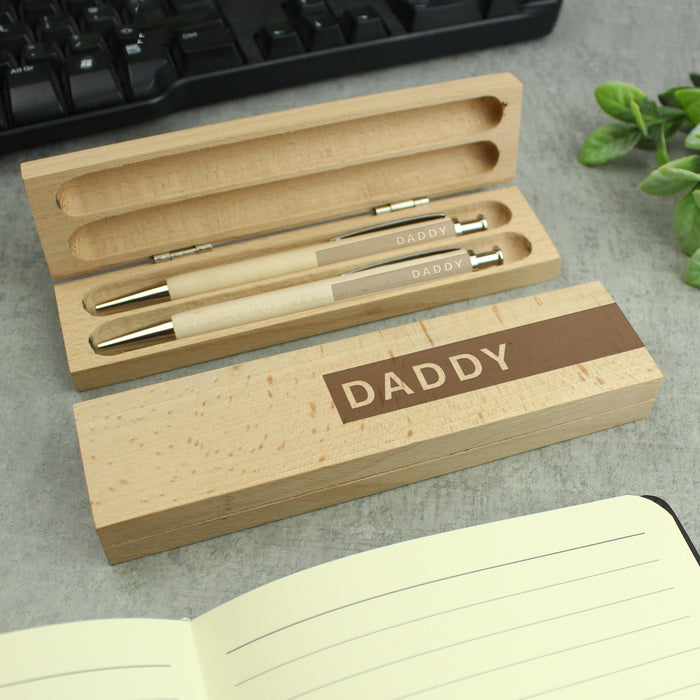 Personalised Name Only Wooden Pen and Pencil Box Gift Set