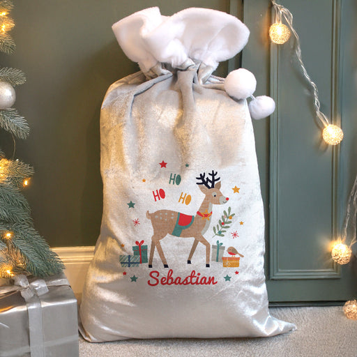 Personalised Silver Luxury Christmas Sack - Reindeer