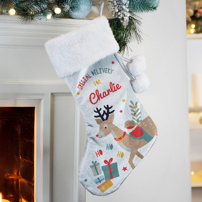Personalised Silver Christmas Stocking - Reindeer