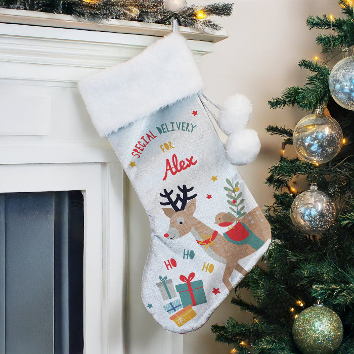 Personalised Silver Christmas Stocking - Reindeer