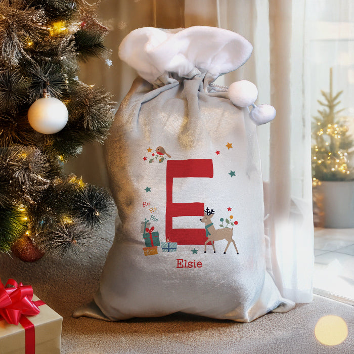 Personalised Silver Grey Christmas Sack - Initial Reindeer