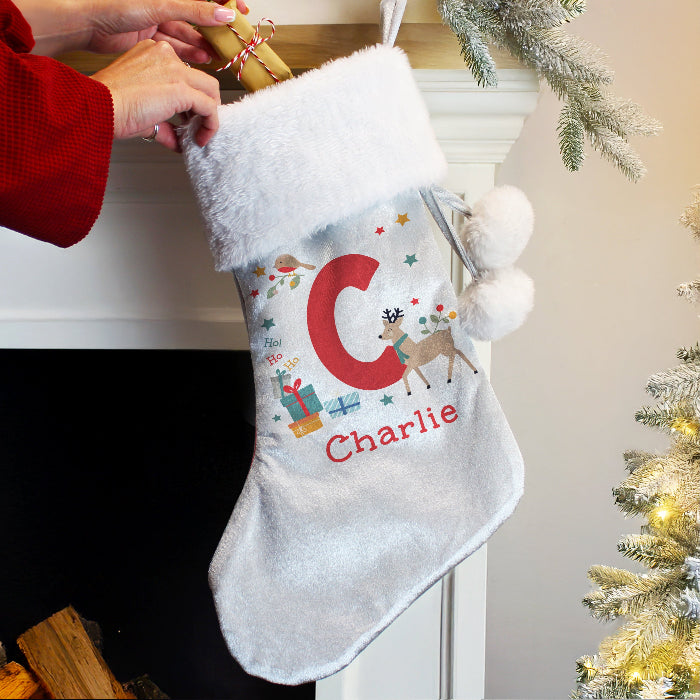 Personalised Silver Grey Christmas Stocking - Initial Reindeer
