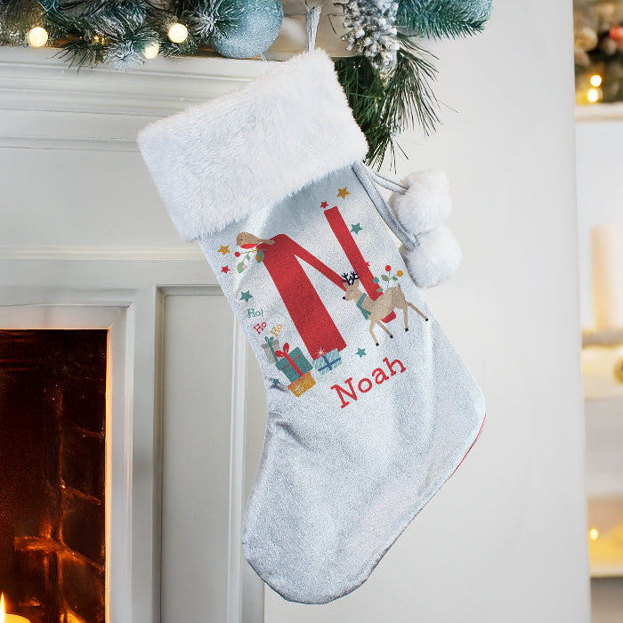 Personalised Silver Grey Christmas Stocking - Initial Reindeer