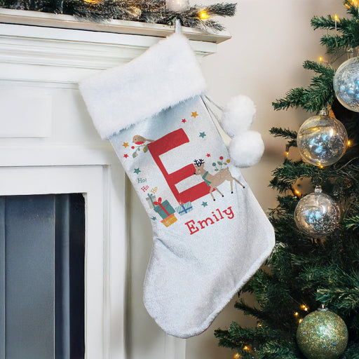 Personalised Silver Grey Christmas Stocking - Initial Reindeer
