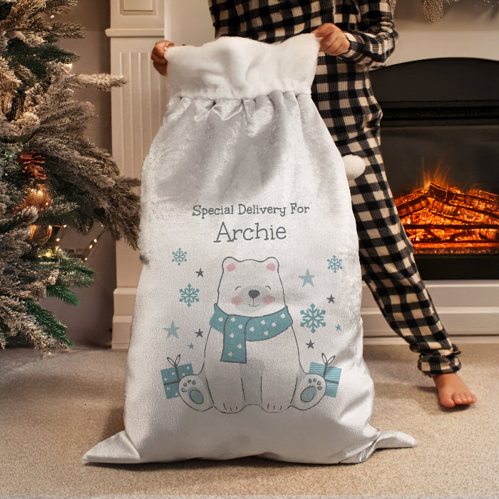 Personalised Silver Grey Christmas Sack - Polar Bear