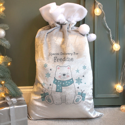 Personalised Silver Grey Christmas Sack - Polar Bear