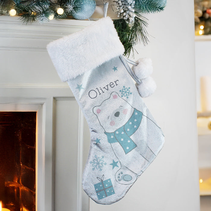 Personalised Silver Grey Christmas Stocking - Polar Bear