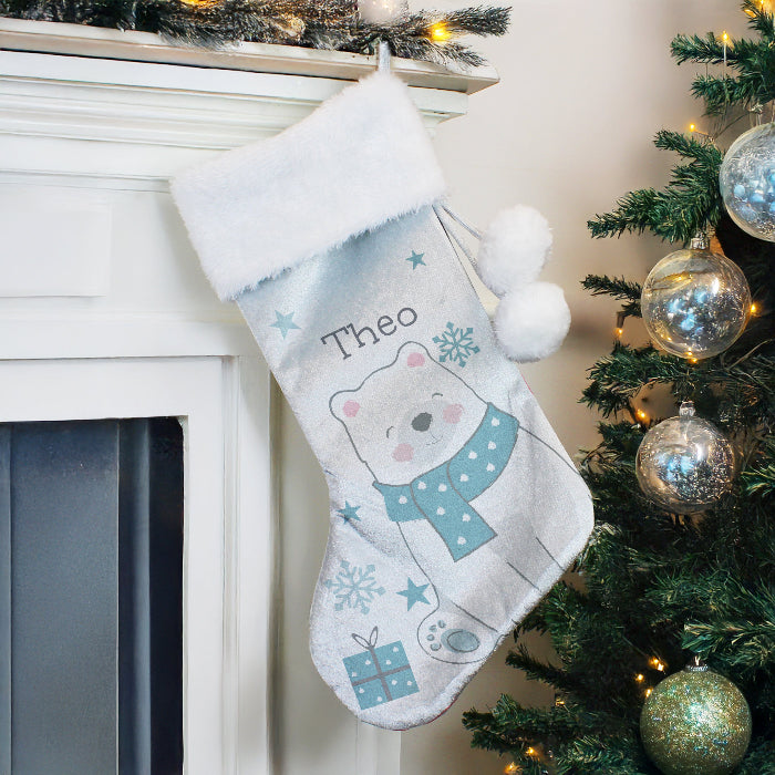 Personalised Silver Grey Christmas Stocking - Polar Bear