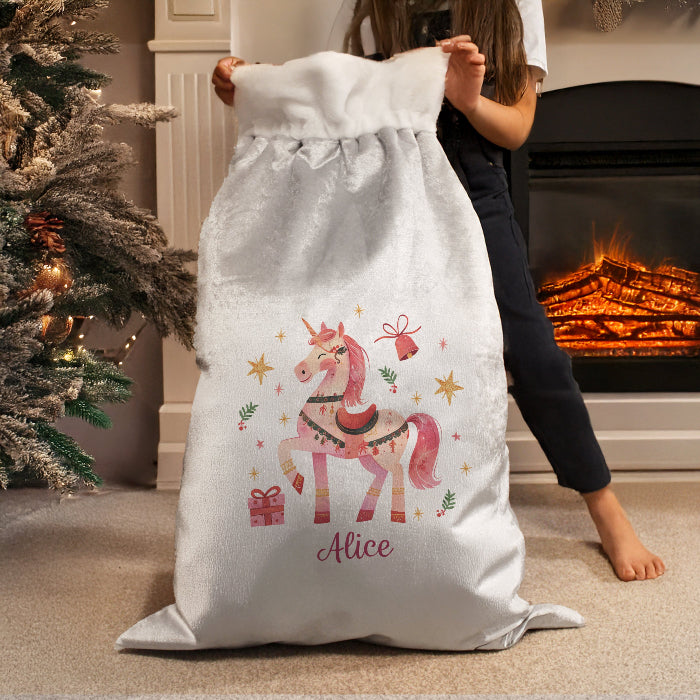 Personalised Silver Grey Christmas Sack - Unicorn