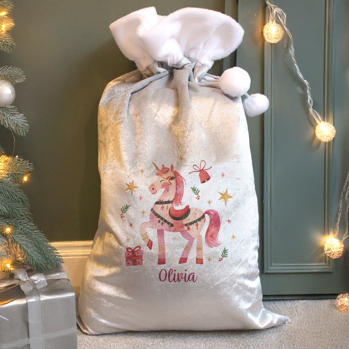 Personalised Silver Grey Christmas Sack - Unicorn
