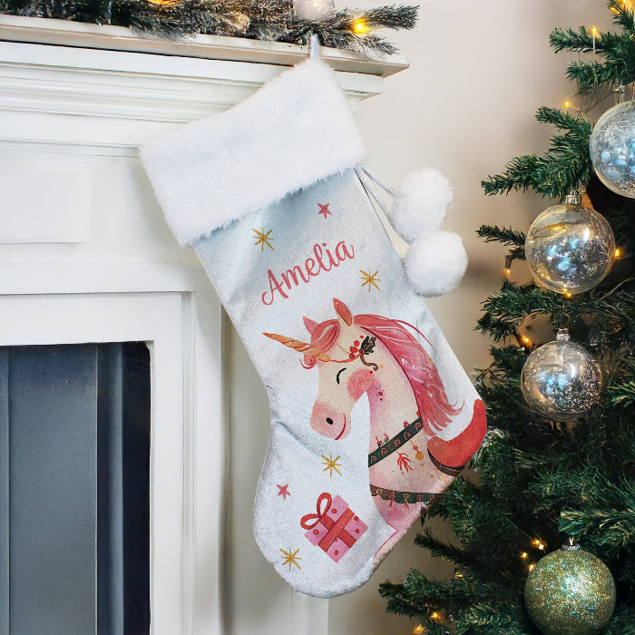 Personalised Silver Grey Christmas Stocking - Unicorn