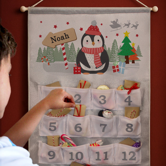 Personalised Silver Fabric Advent Calendars With Pocket - Penguin