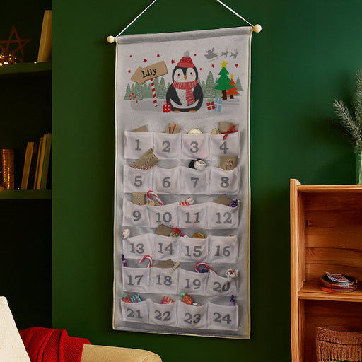 Personalised Silver Fabric Advent Calendars With Pocket - Penguin