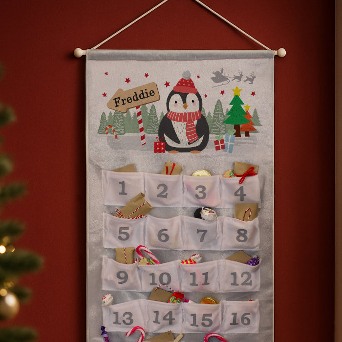 Personalised Silver Fabric Advent Calendars With Pocket - Penguin