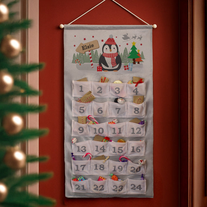 Personalised Silver Fabric Advent Calendar With Pockets - Penguin