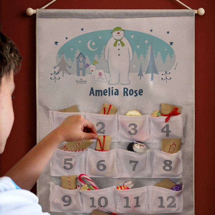 Personalised Silver Fabric Advent Calendars With Pocket - The Snowman and the Snowdog